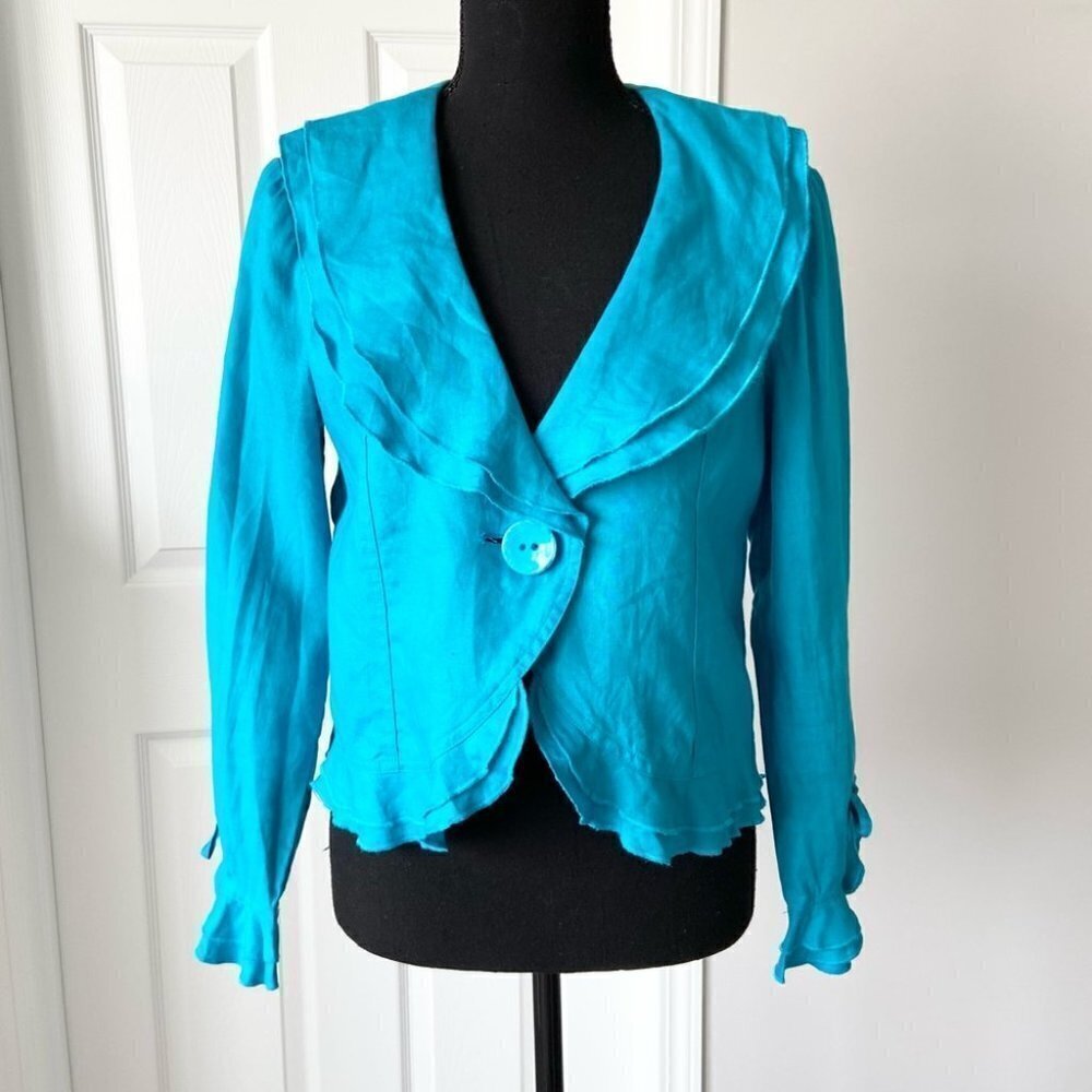 Laura Petites Linen Ruffles Neckline Sleeves Blazer